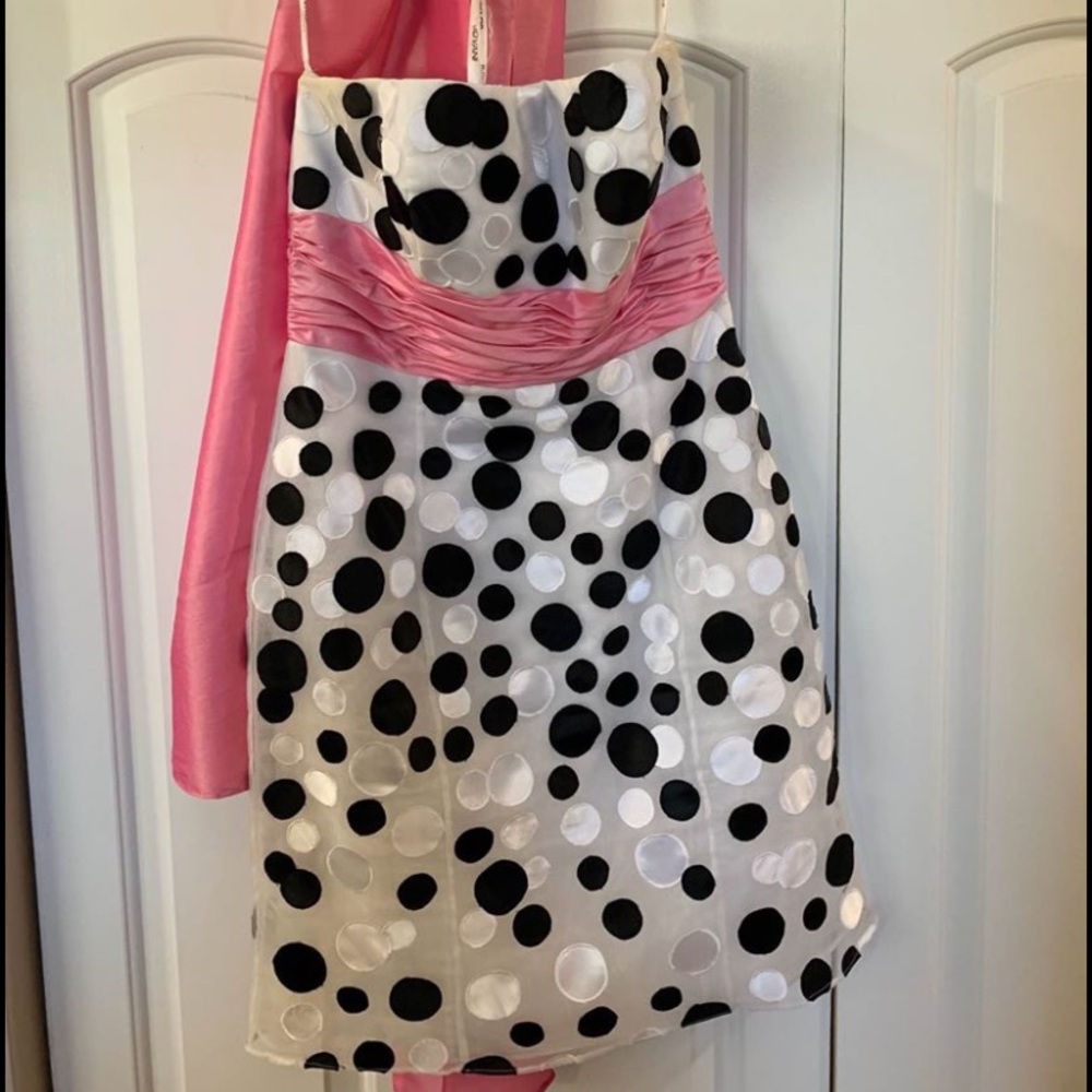 Jovani Black & White Polka Dot Dress w/ Pink Waist